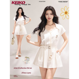 KEIKO 智性简约米白色连体短裤女夏季编织系带V领休闲阔腿连身裤
