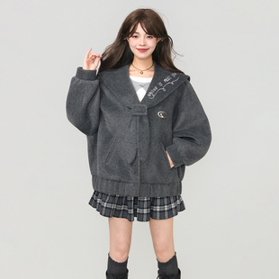 KEIKO 学院风海军领短款毛呢外套25冬季气质减龄字母绣花休闲夹克