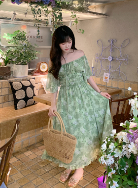 KEIKO 薄荷曼波绿色薄纱连衣裙夏日气质绝美两穿一字领碎花小裙子