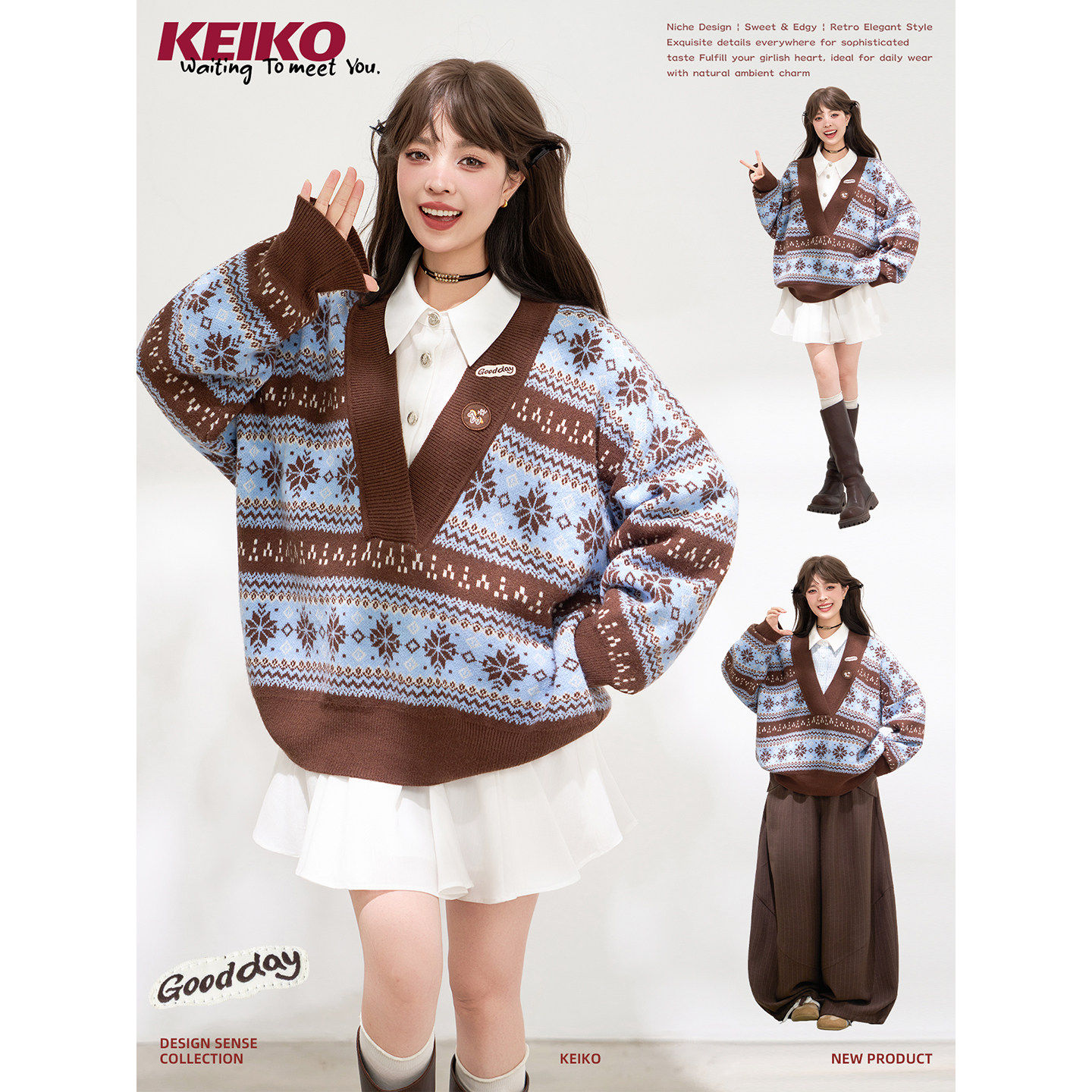 KEIKO雪花提花大V领厚款毛衣
