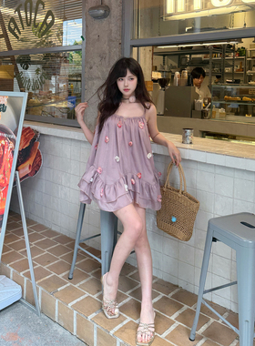 KEIKO 甜美淡紫色荷叶边连衣裙夏季温柔立体花朵流光薄纱吊带短裙