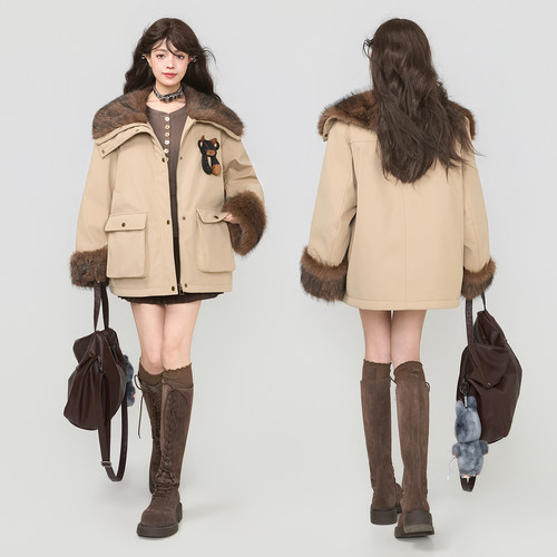 KEIKO 环保貉子毛绒翻领派克服棉服女25冬季户外防风保暖工装外套