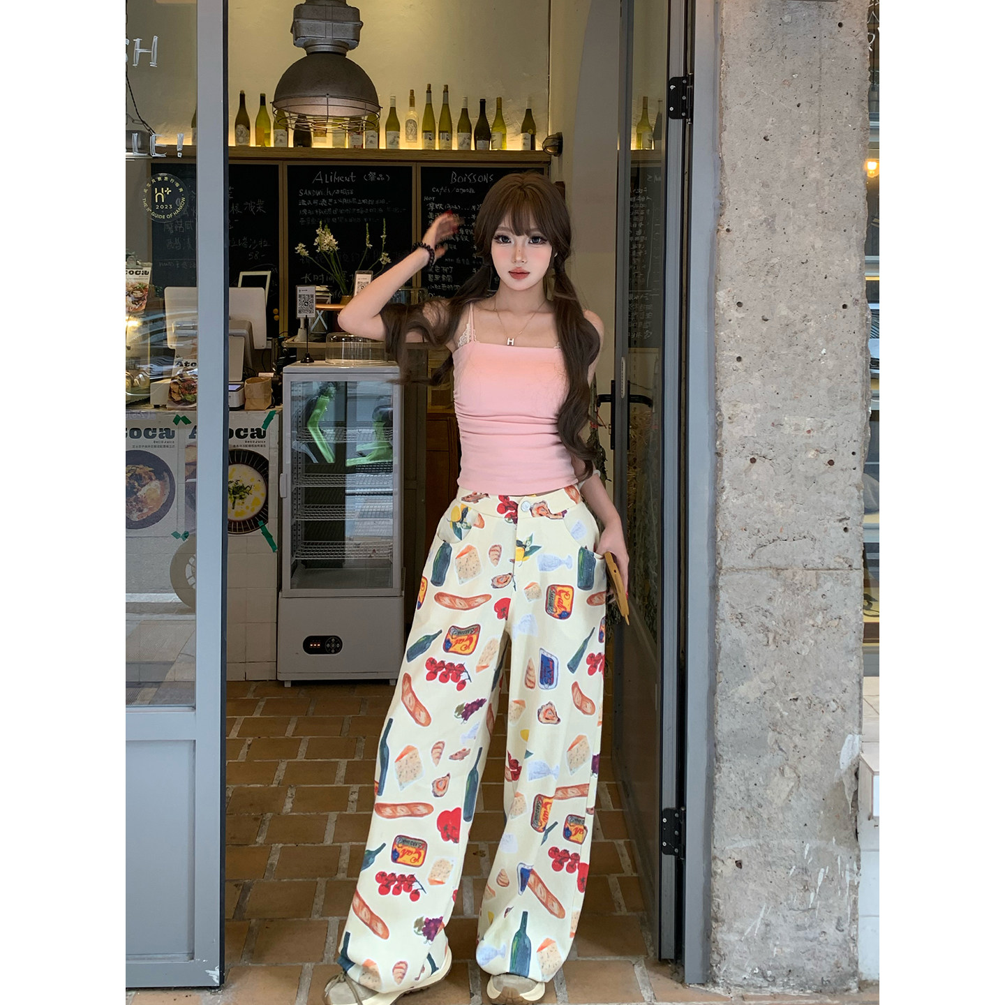 KEIKO 彩绘水果印花休闲牛仔裤女25夏季美式复古高腰直筒阔腿长裤