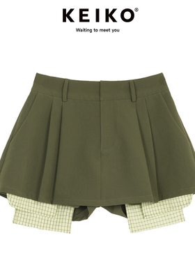 KEIKO 设计感绿色拼接百褶短裙裤裙24夏季垂感高腰显瘦半身裙短裤