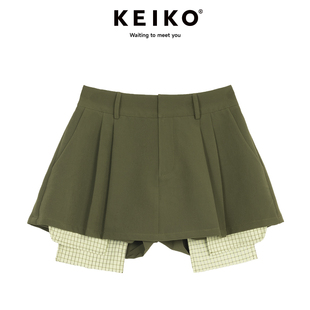 KEIKO 设计感绿色拼接百褶短裙裤裙24夏季垂感高腰显瘦半身裙短裤