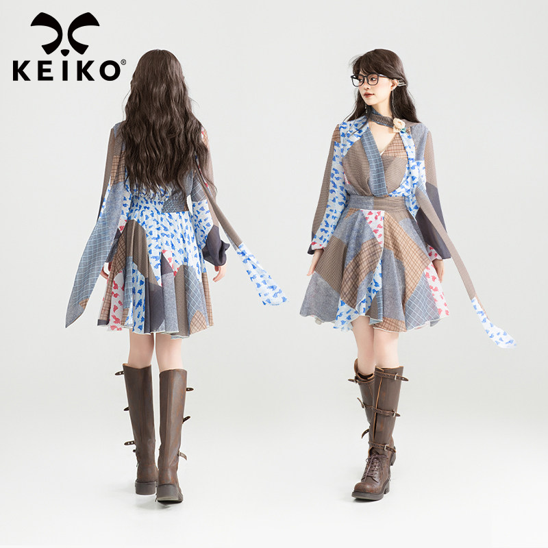 KEIKO [赠颈带]复古拼色布格不规则连衣裙25春夏打揽显瘦雪纺裙子