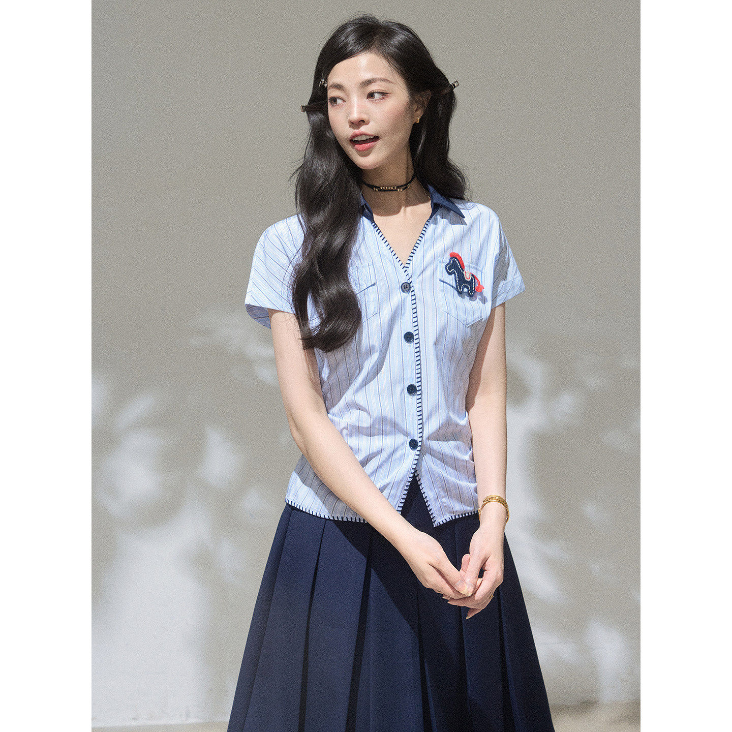 KEIKO 韩系蓝色条纹短袖衬衫女夏季学院风穿搭蝴蝶结系带收腰上衣