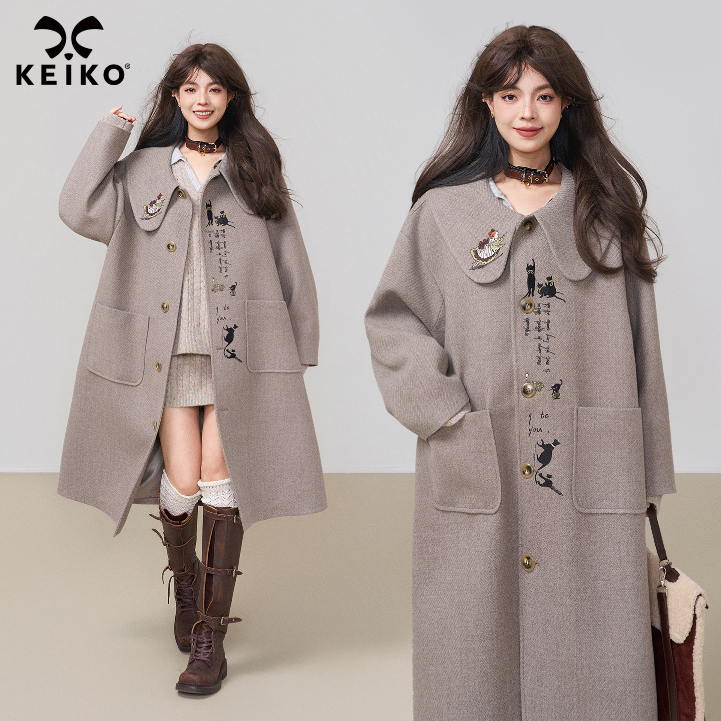 KEIKO [重工刺绣] 高级感娃娃领毛呢大衣25秋冬日系长款呢子外套