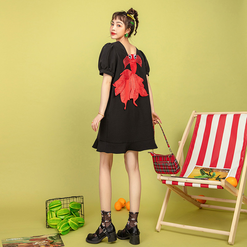 金玉满堂系列仙女都爱泡泡袖雪纺连衣裙2020新款显腿长的黑色裙子