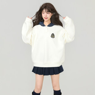 撞色连帽外套上衣 阿尔法学院派白色卫衣女2026春季 KEIKO 加密绒
