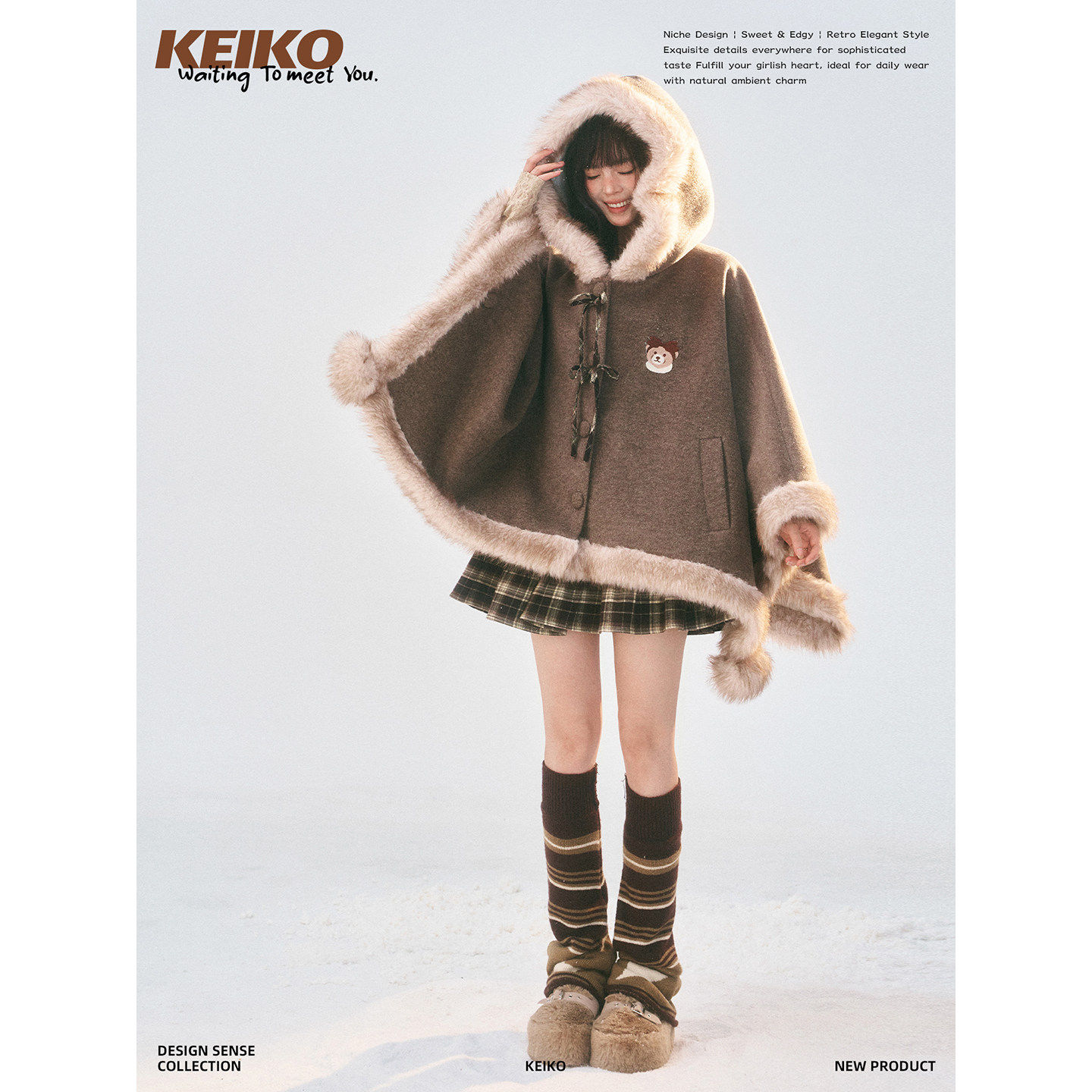 KEIKO加绒毛领斗篷毛呢外套