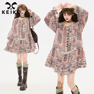 KEIKO波西米亚风长袖连衣裙秋季异域风情出游度假褶花A字雪纺裙子