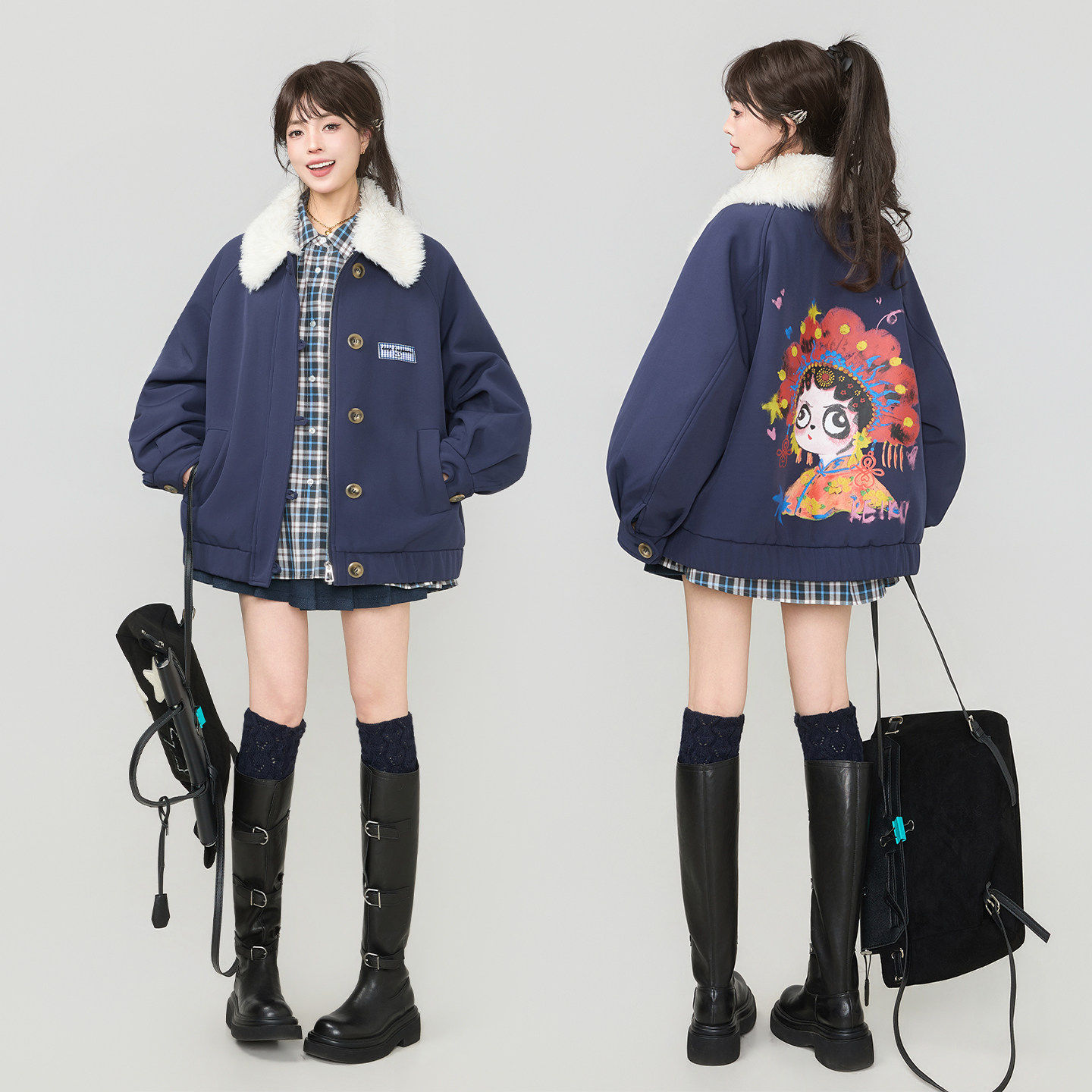 KEIKO 中国风京剧印花夹棉棉服外套女冬季新款藏青色加厚毛领夹克