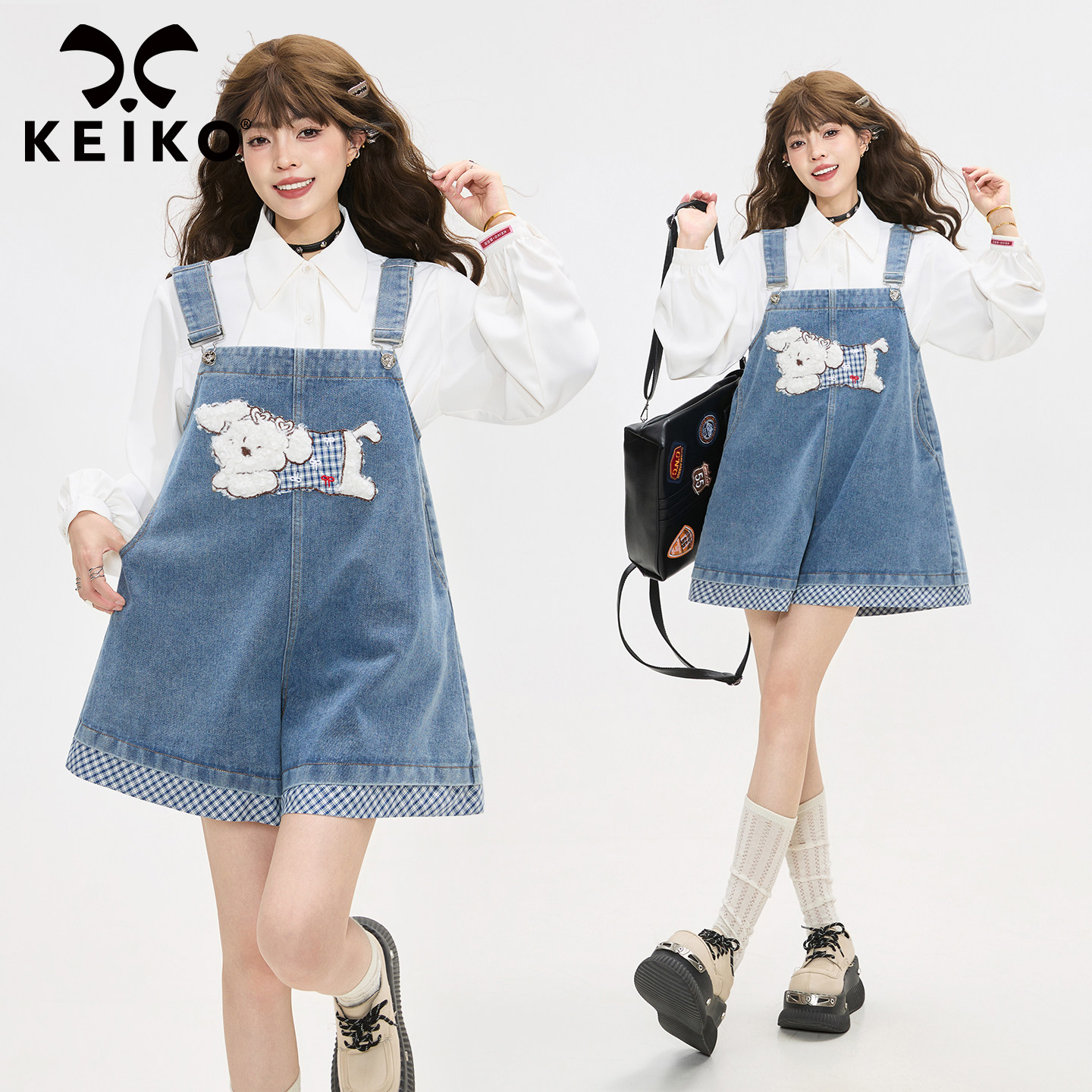 KEIKO 萌宠刺绣背带牛仔裤25新款减龄复古小个子显瘦阔腿连身短裤