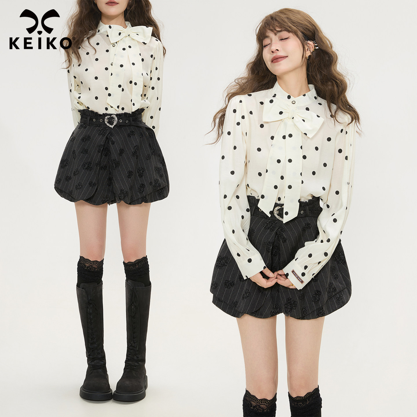 KEIKO [赠腰带]灰色蓬蓬云朵花苞短裤25秋季植绒碎花高腰阔腿裙裤