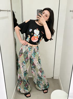 KEIKO 复古花案轻盈薄纱阔腿裤女夏季空气量感宽松灯笼裤气球裤子