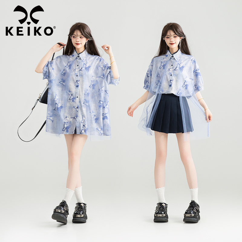 KEIKO 水墨晕染蝴蝶花短袖衬衫女25夏季仙灵轻纱拼接宽松雪纺上衣