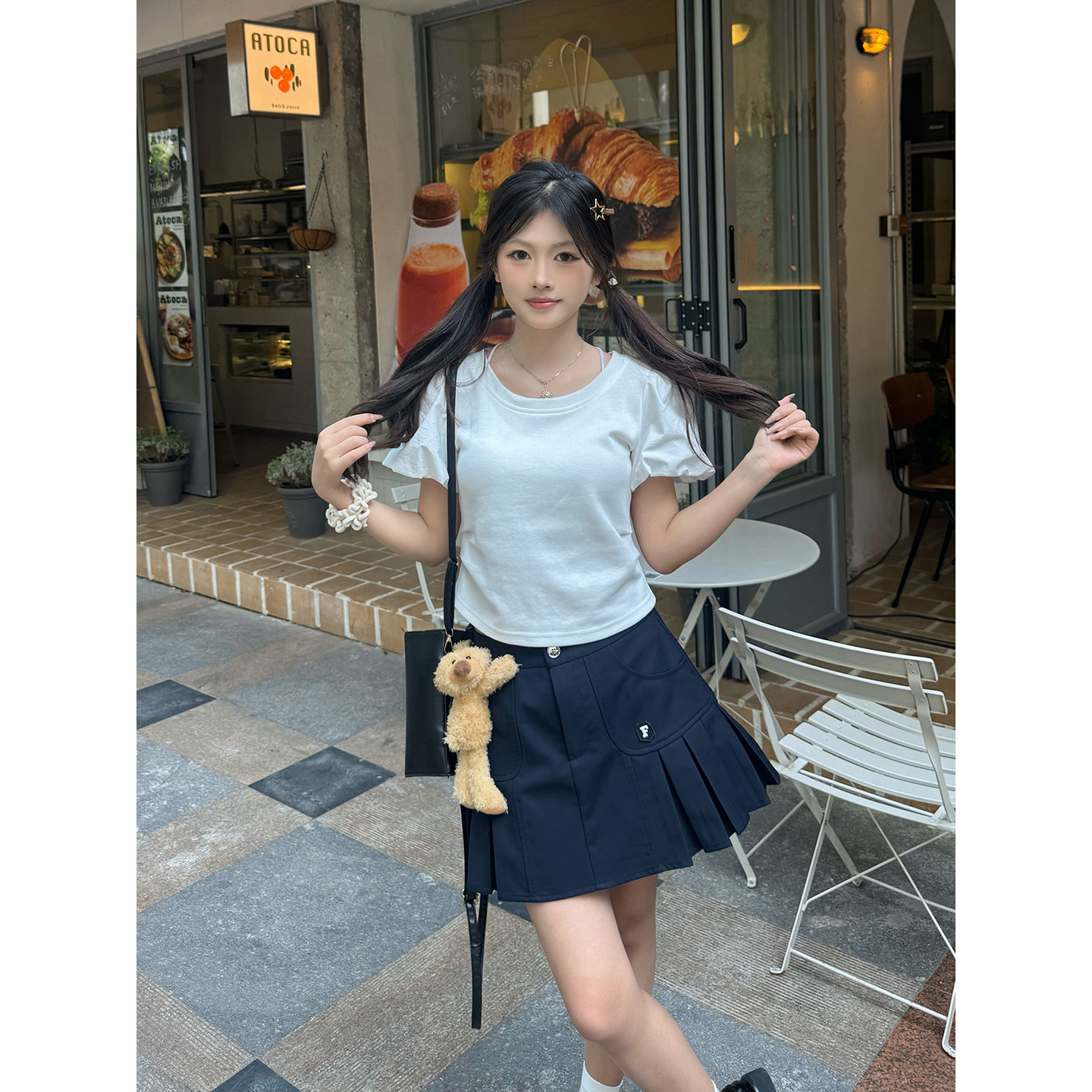 KEIKO 俏皮可爱白色泡泡袖t恤女夏季简单显瘦束腰型短款正肩上衣