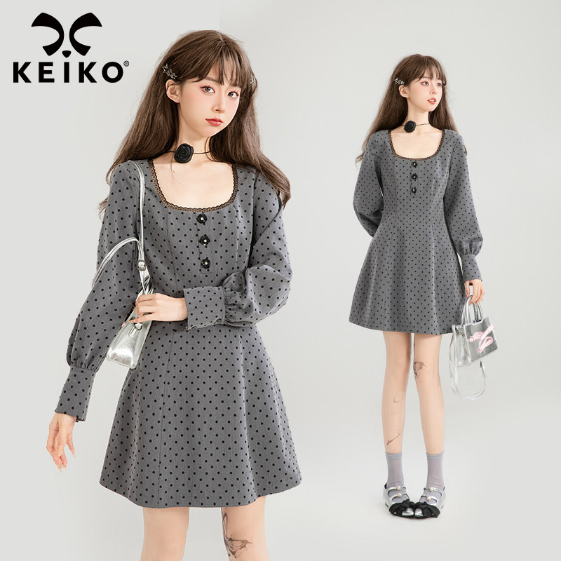 KEIKO法式复古灰色波点连衣裙