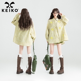 女25春夏设计感小众绿色绑带雪纺上衣 衬衫 KEIKO 别致立体贴花长袖