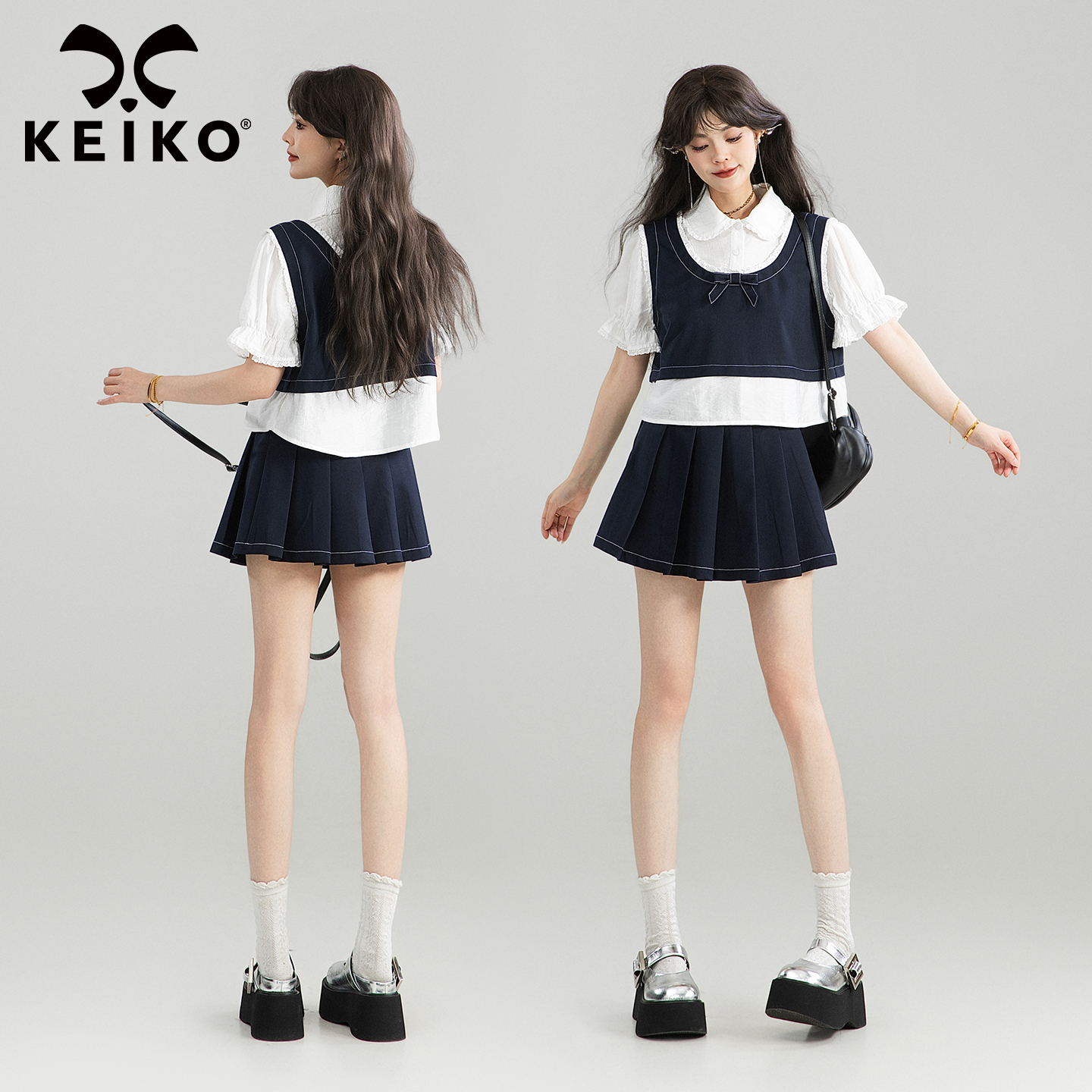 KEIKO 元气轻活风穿搭拼接娃娃装衬衫夏季上衣+百褶裙爆款两件套