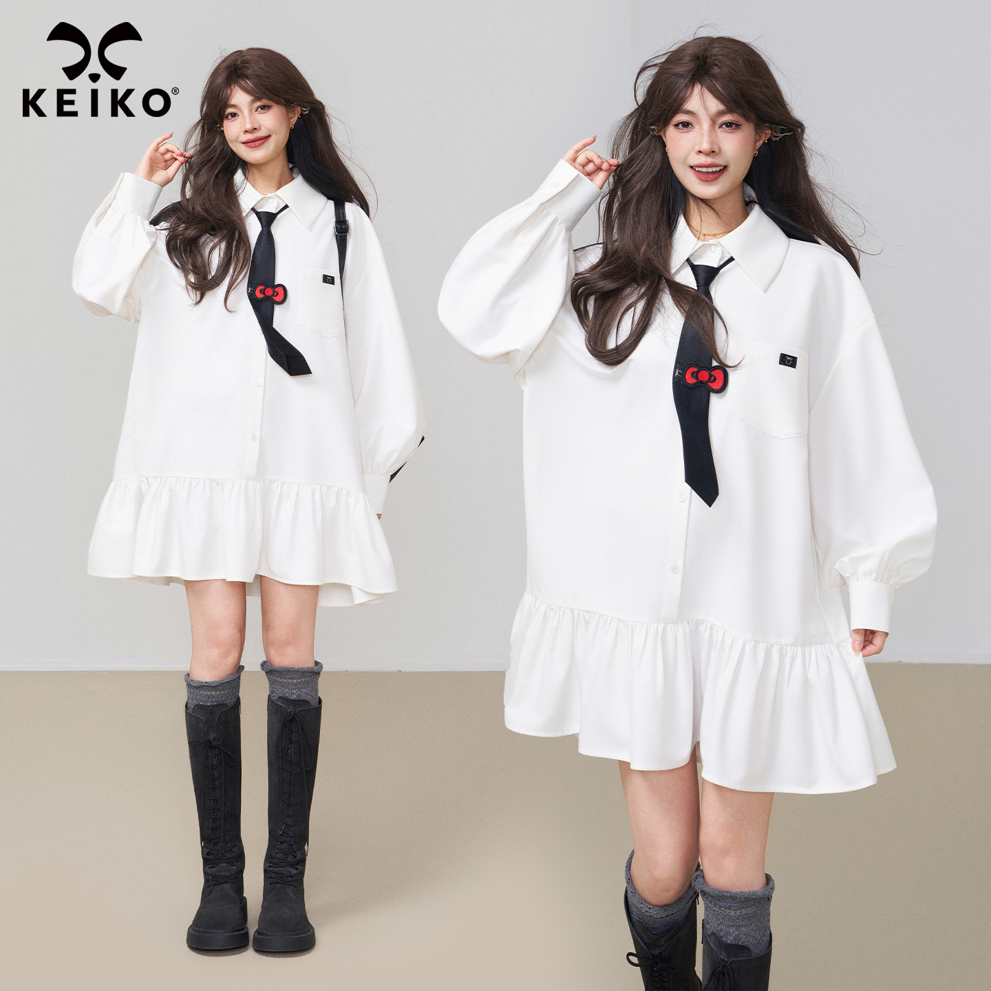 KEIKO 气质荷叶边白色衬衫连衣裙2025秋冬内搭叠穿A字裙打底裙子