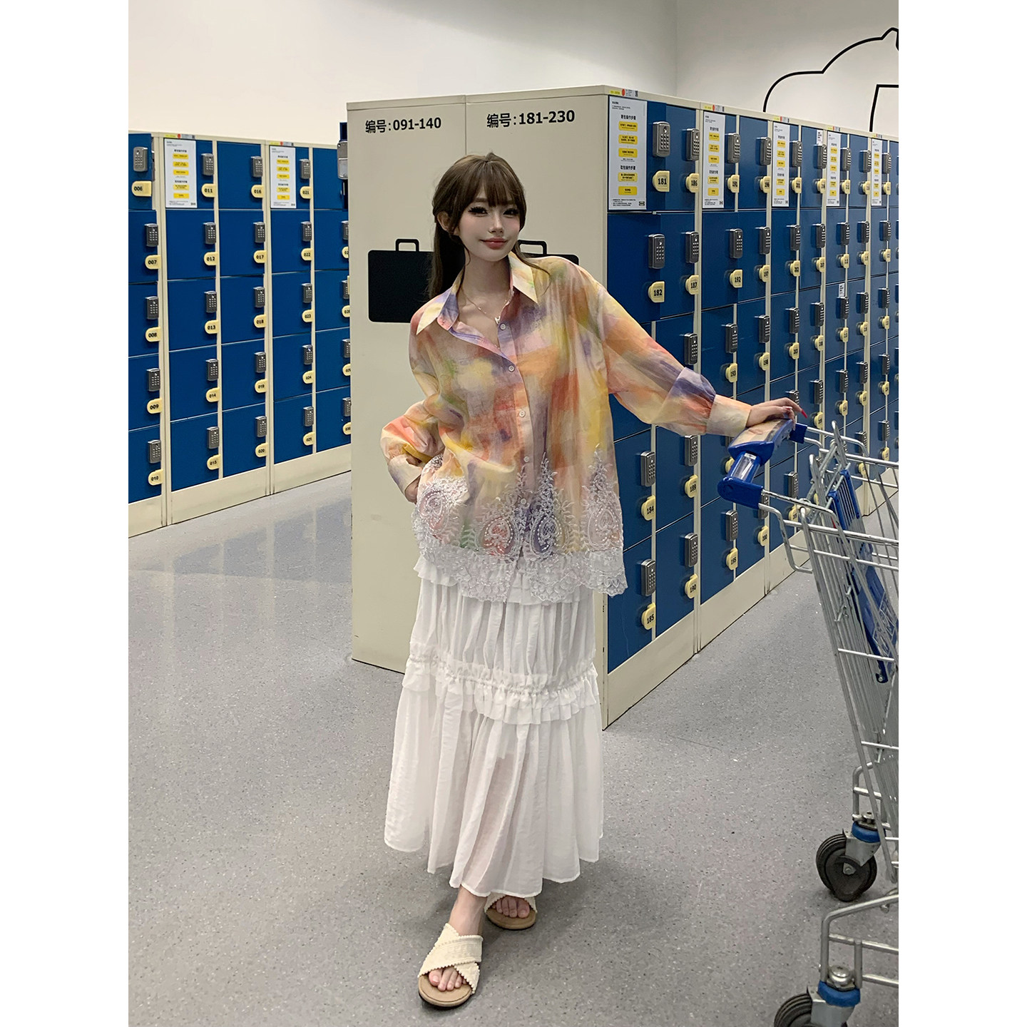 KEIKO 霞散成绮 莱塞尔轻薄晕染花色衬衫夏季微廓蕾丝边防晒上衣