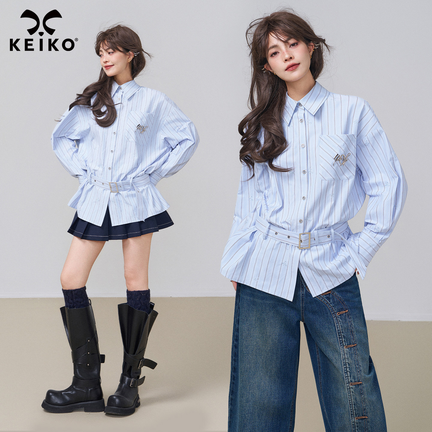 KEIKO[刺绣] 智性蓝色条纹长袖衬衫25秋季miu系通勤收腰显瘦上衣
