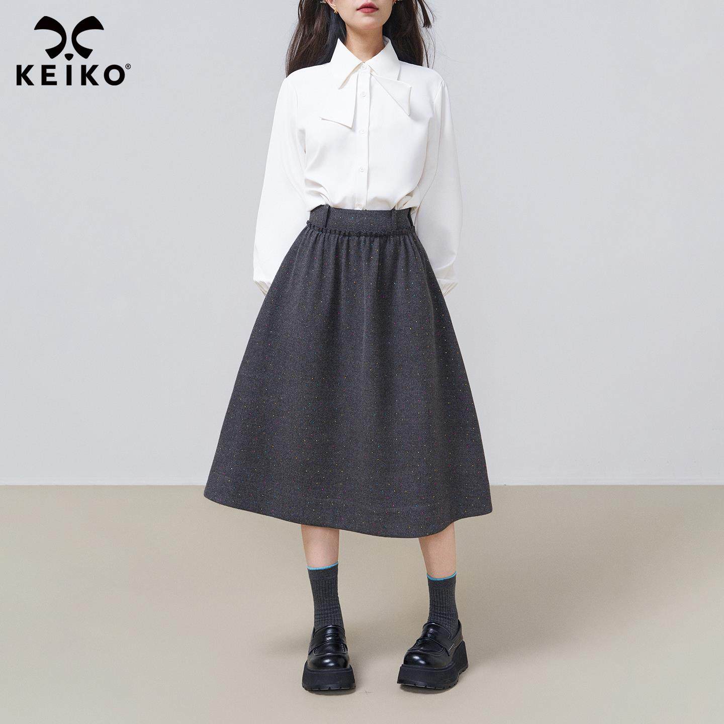 KEIKO 法式灰色半身裙伞裙2025秋冬高级感小碎钻薄毛呢显瘦A字裙