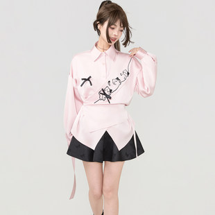 KEIKO 流光少女穿搭粉色刺绣灯笼袖衬衫26春夏设计感缎面绑结上衣