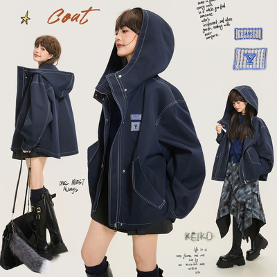 KEIKO 美式工装风廓形风衣外套女秋季无性别穿搭缉明线连帽派克服