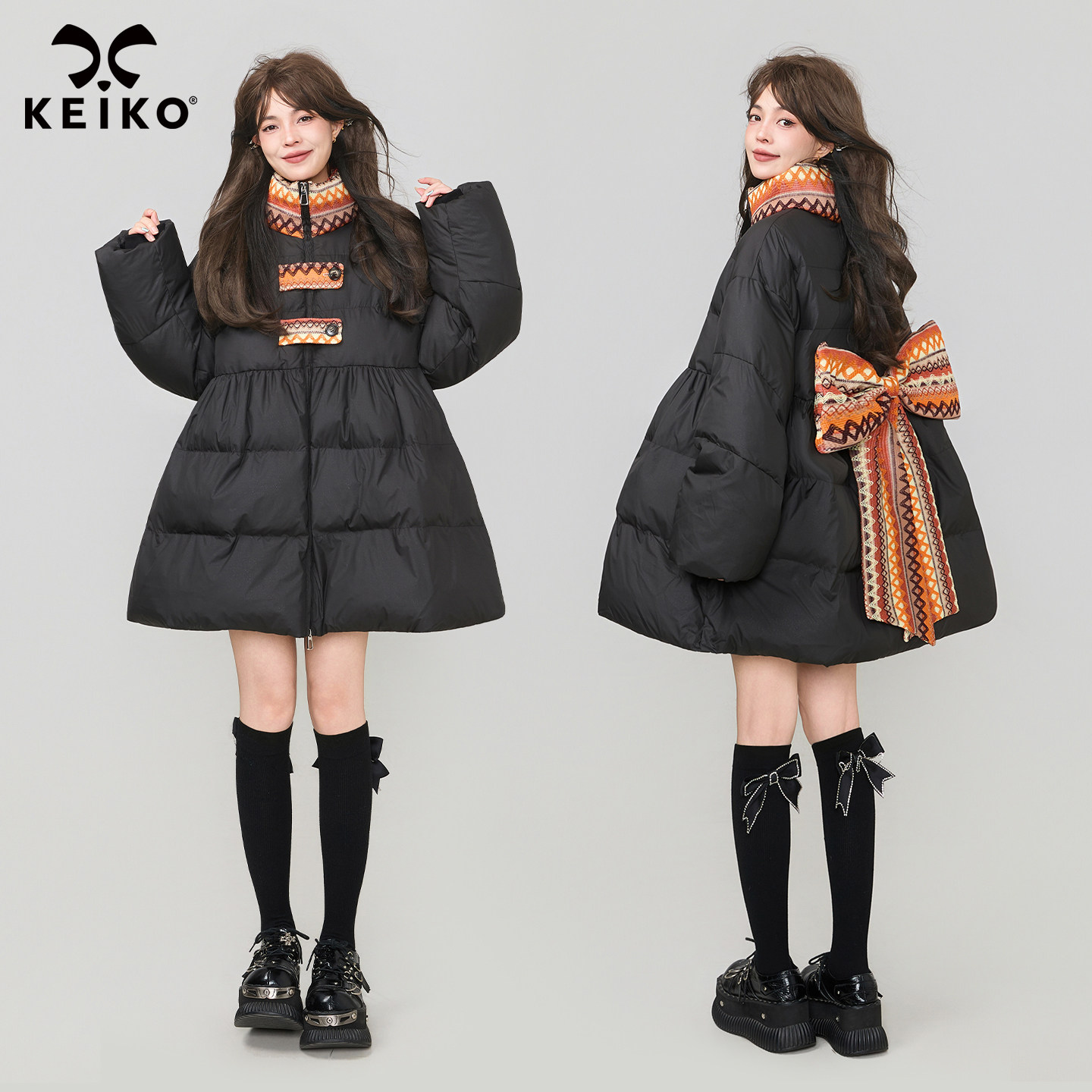 KEIKO提花蝴蝶结饰黑色A字棉服棉袄冬季设计感小个子显瘦加厚外套