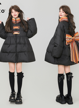 KEIKO提花蝴蝶结饰黑色A字棉服棉袄冬季设计感小个子显瘦加厚外套