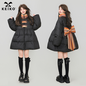 KEIKO提花蝴蝶结饰黑色A字棉服棉袄冬季设计感小个子显瘦加厚外套