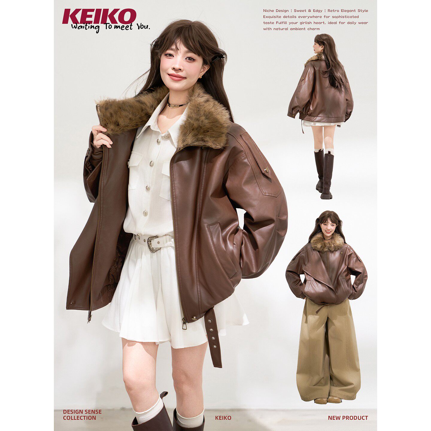 KEIKO绗棉花貂毛机车皮衣棉服