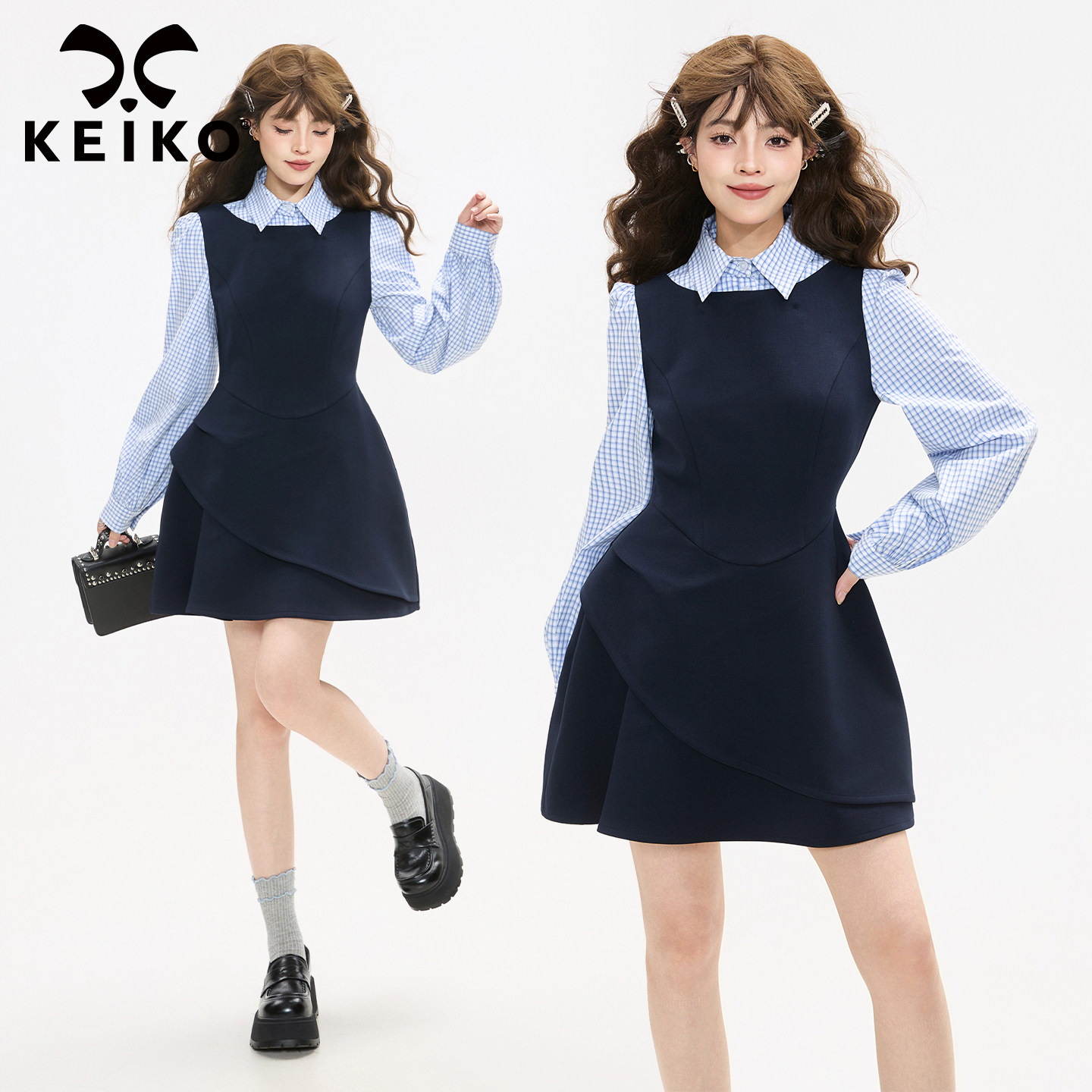 KEIKO 显瘦!法式轻熟风假两件连衣裙25新款简约职业装小礼服裙子