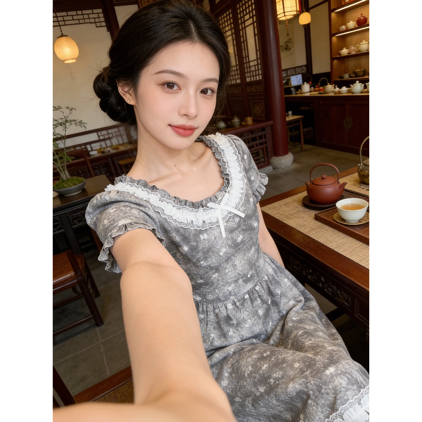 KEIKO 文艺风蕾丝碎花连衣裙26夏季高级感灰色绑带收腰显瘦长裙子