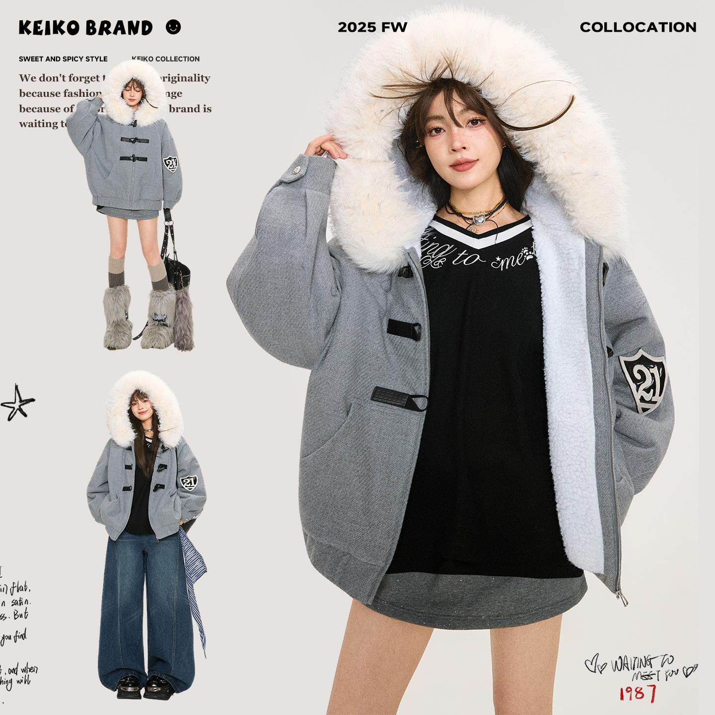 KEIKO [蓄热毛绒内里]大毛领灰色连帽棉服外套冬季美式复古小棉袄