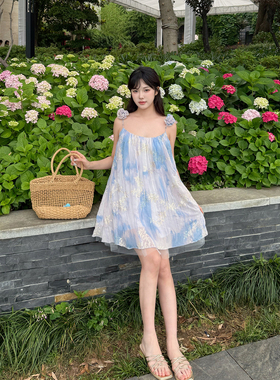 KEIKO[刺绣薄纱绉布] 紫色晕染吊带裙子夏日超出片绝美漂亮连衣裙