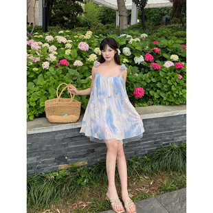 KEIKO[刺绣薄纱绉布] 紫色晕染吊带裙子夏日超出片绝美漂亮连衣裙