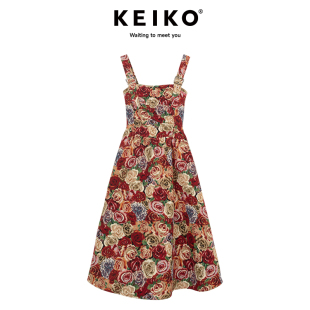 风情显瘦碎花长短裙子 法式 KEIKO 凡尔赛玫瑰裙吊带连衣裙2024夏季