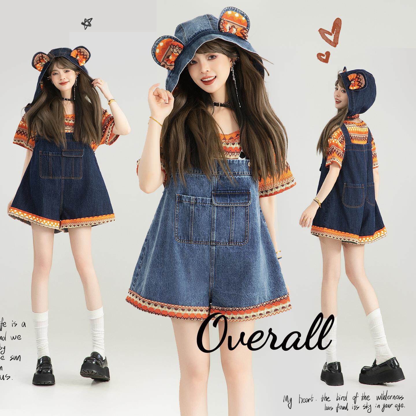 [可卸帽] 鬼马少女感撞色牛仔背带裤25夏季复古减龄显瘦阔腿短裤