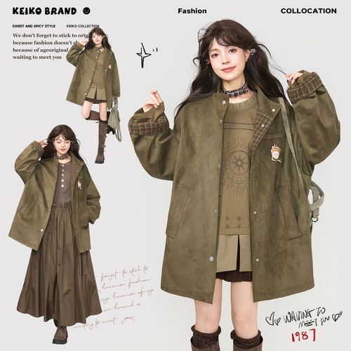 KEIKO 苔原绿麂皮绒风衣外套2026春季