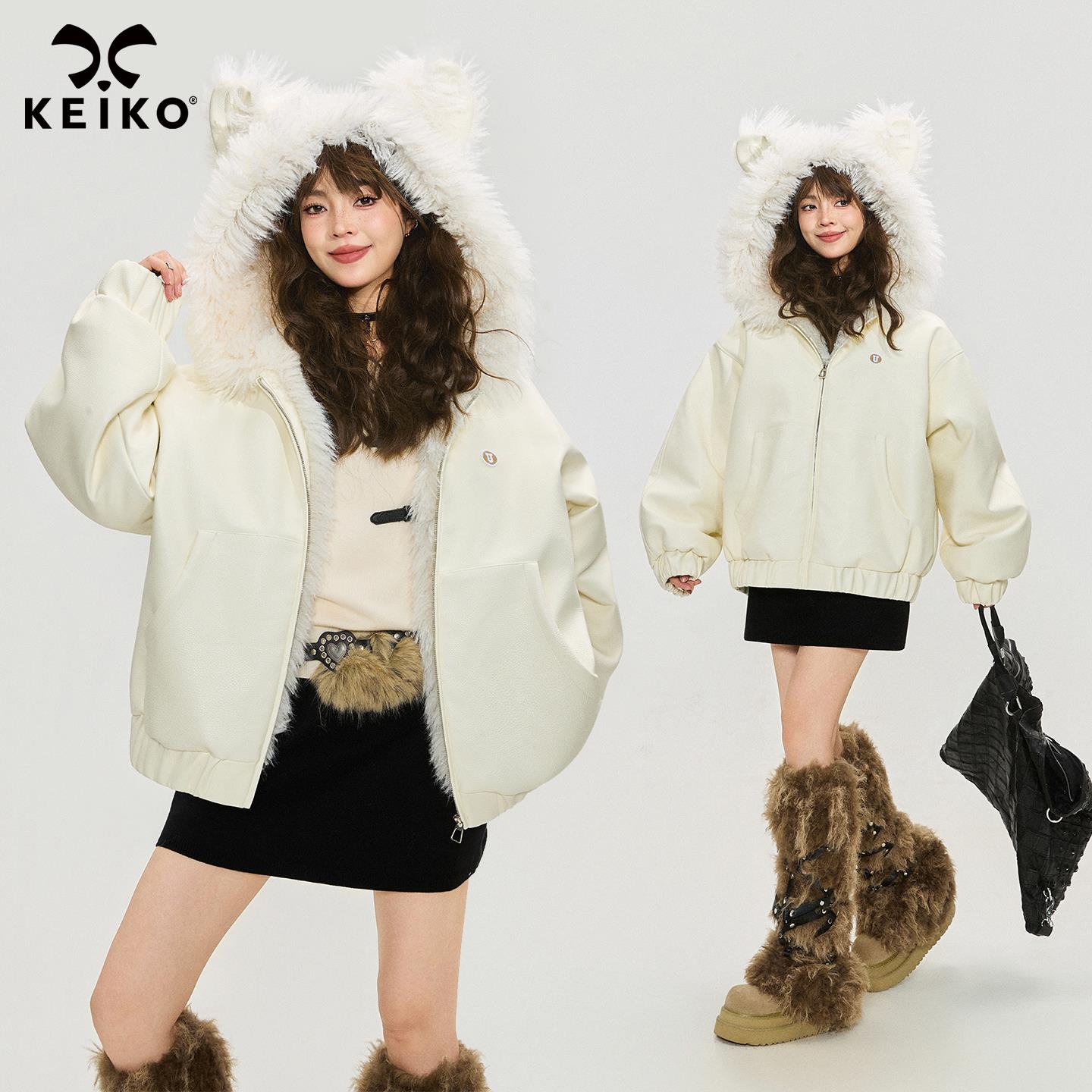KEIKO[蓄热毛绒内里] 毛领白色皮衣棉袄冬疗愈绒感连帽外套厚棉服