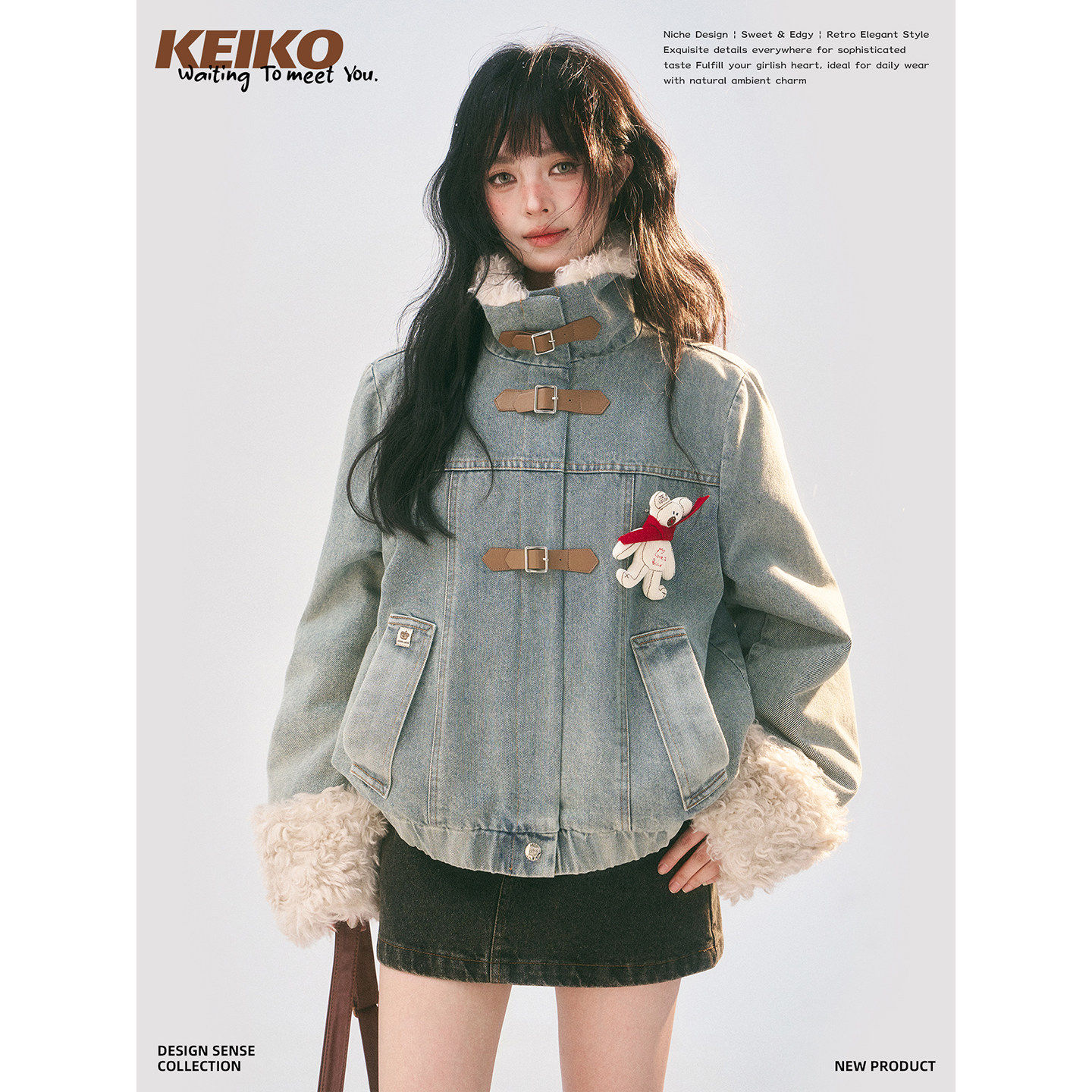 KEIKO翻领毛绒拼接牛仔棉服保暖