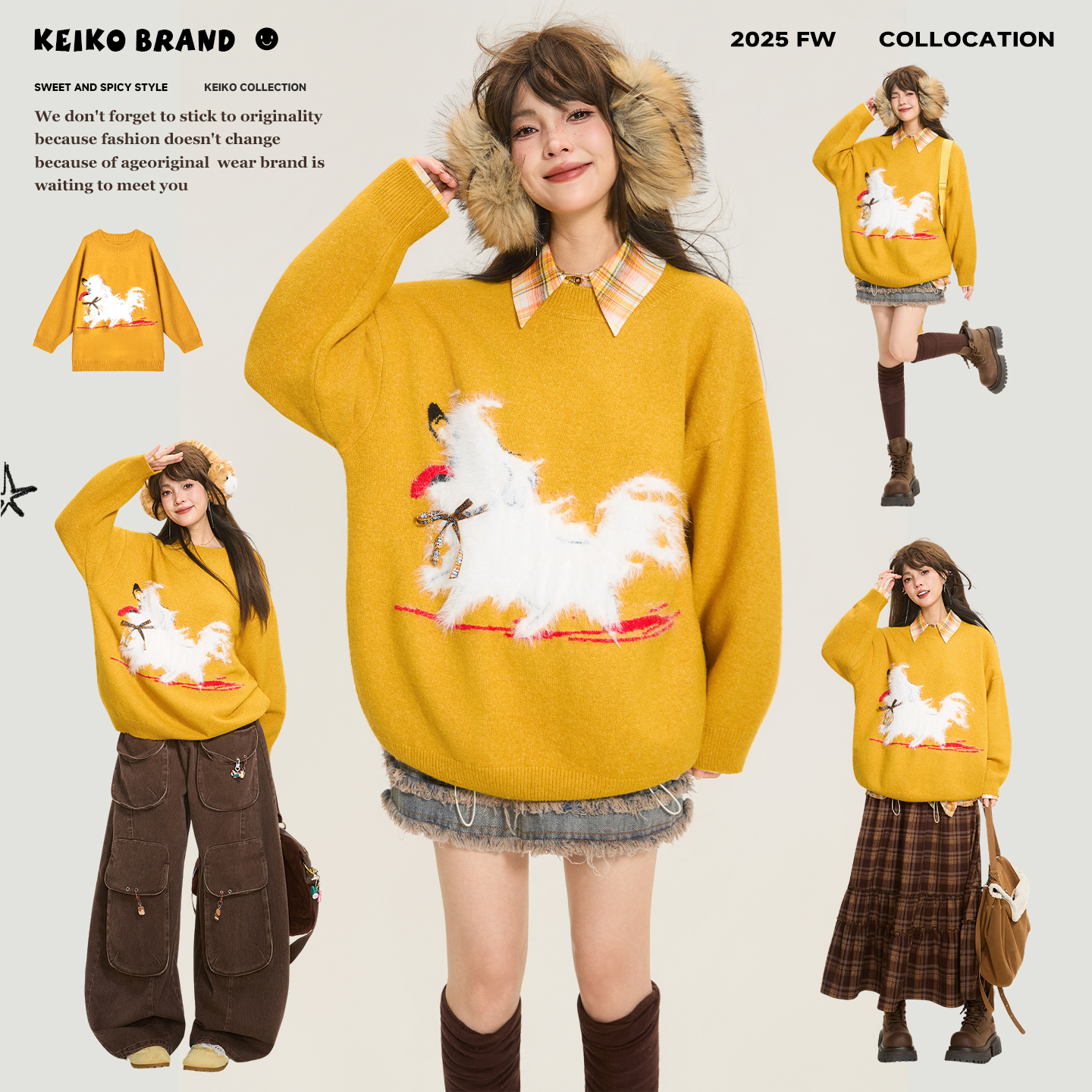 KEIKO 可爱萌宠提花姜黄色毛衣秋冬慵懒高级感宽松圆领套头针织衫