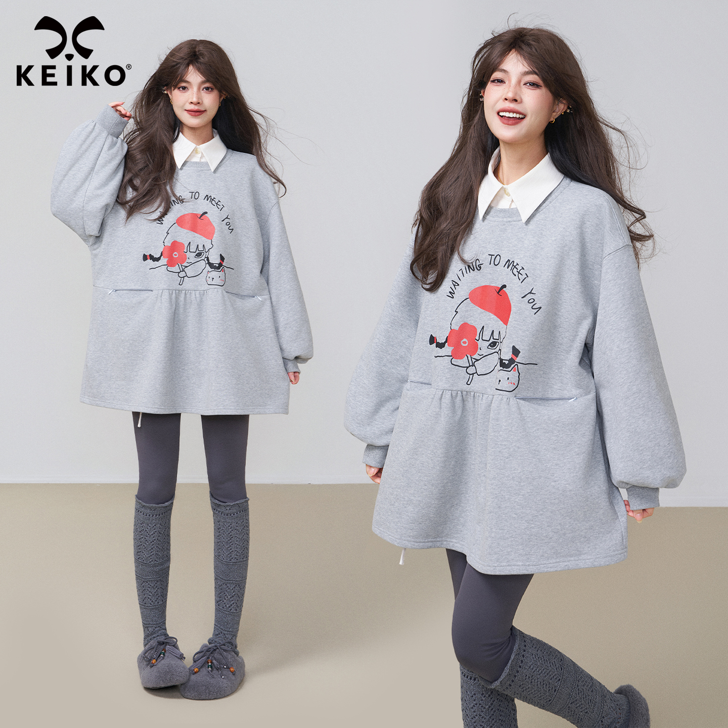 KEIKO 卡通印花灰色加绒卫衣裙2025秋冬新款洋气小个子宽松连衣裙