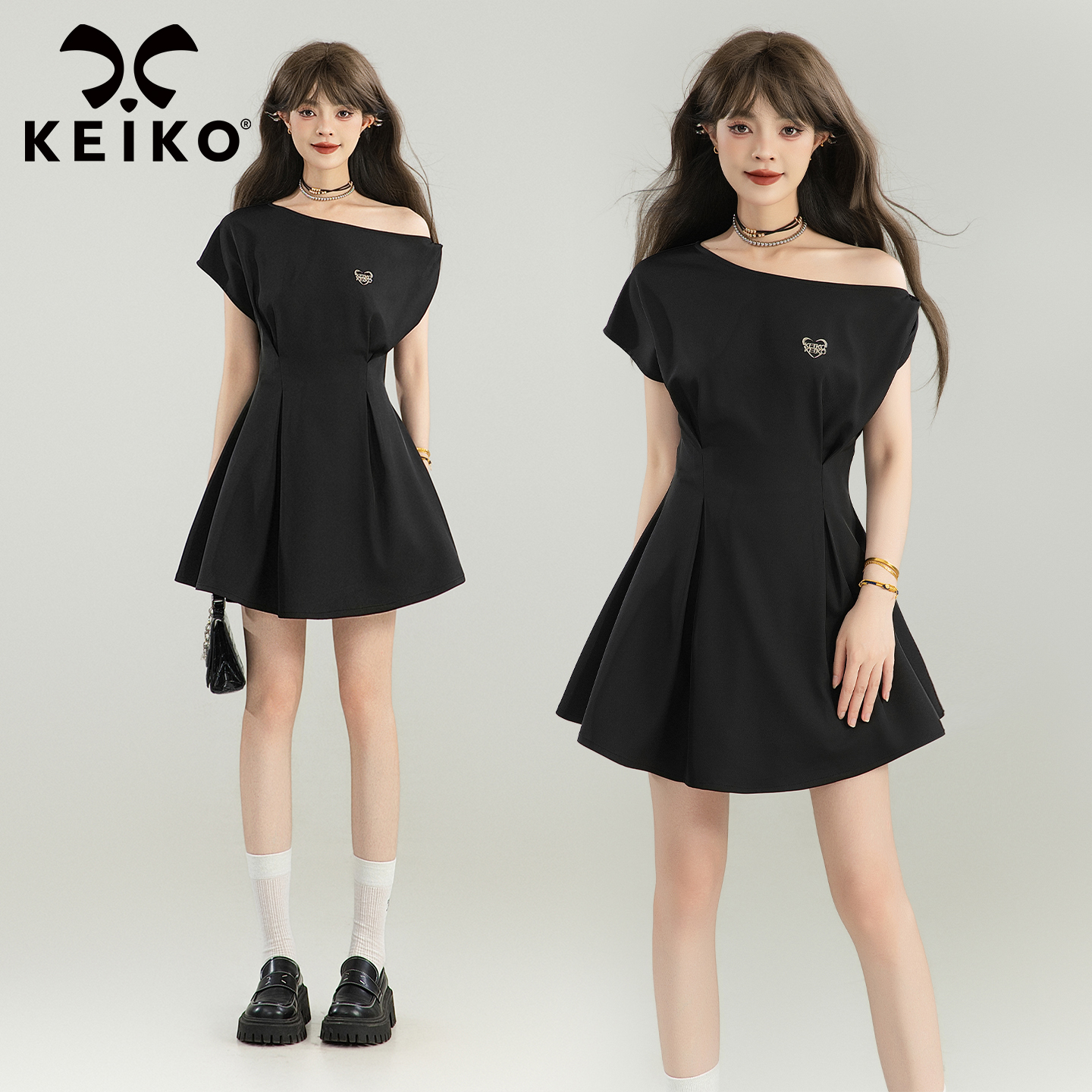 KEIKO 法式斜领露肩连衣裙2025夏季设计感立裁捏褶束腰短裙小黑裙