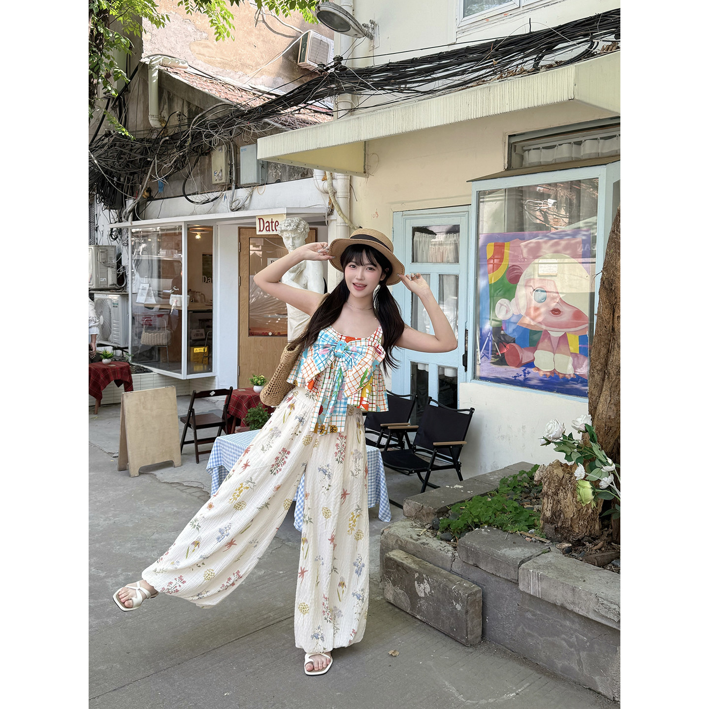 KEIKO 肌理感碎花绉布阔腿裤女夏季梨型休闲宽松花苞裙裤灯笼长裤