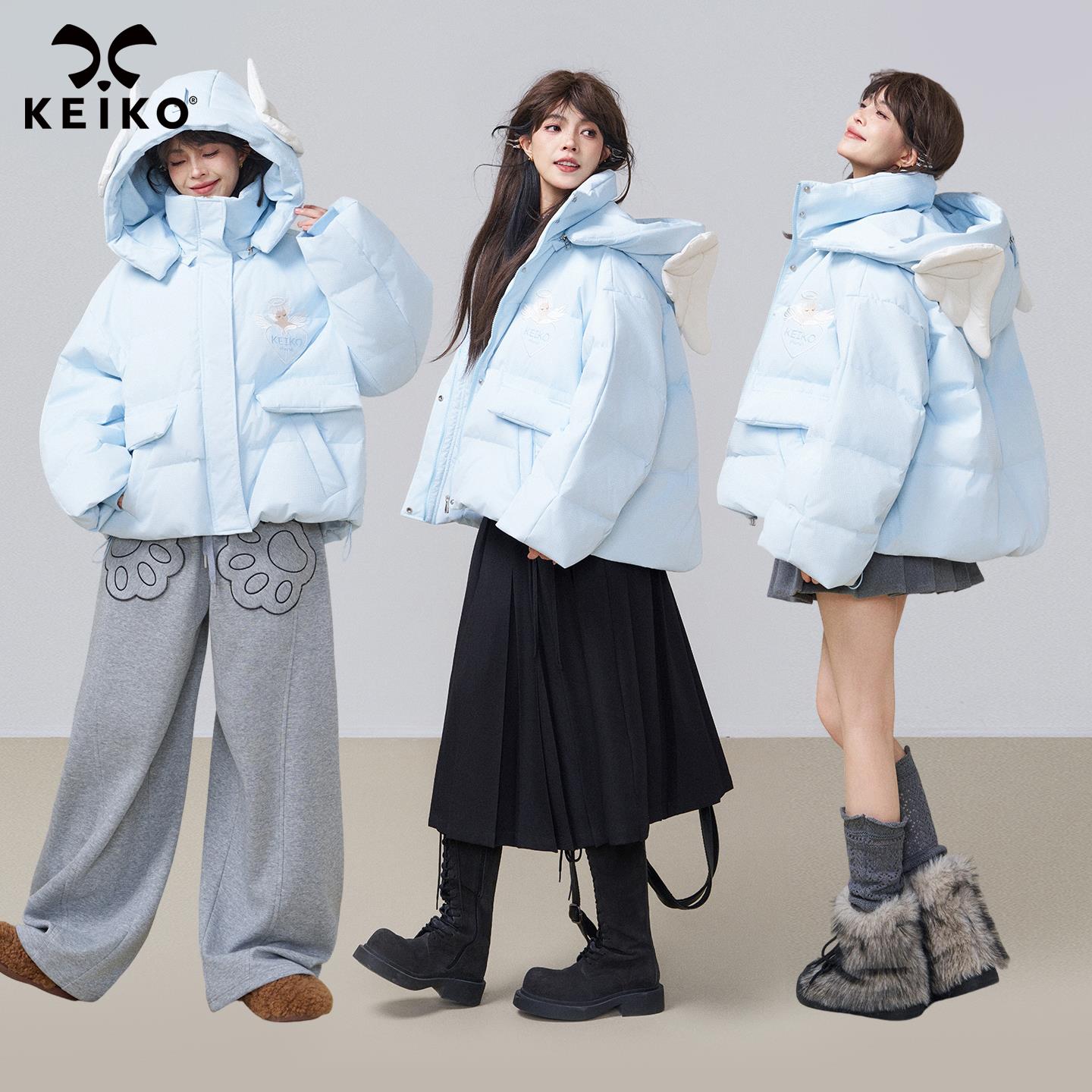 KEIKO 俏皮软语90绒子白鸭绒短款羽绒服冬量感暖核加厚连帽面包服